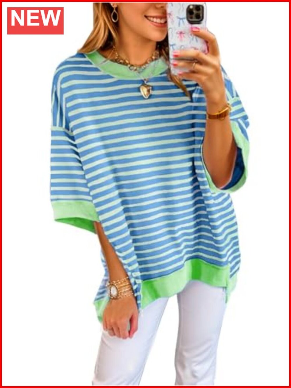 Oversized Striped Knit T-Shirt Women Crewneck High Low Loose Blouse Short Sleeve